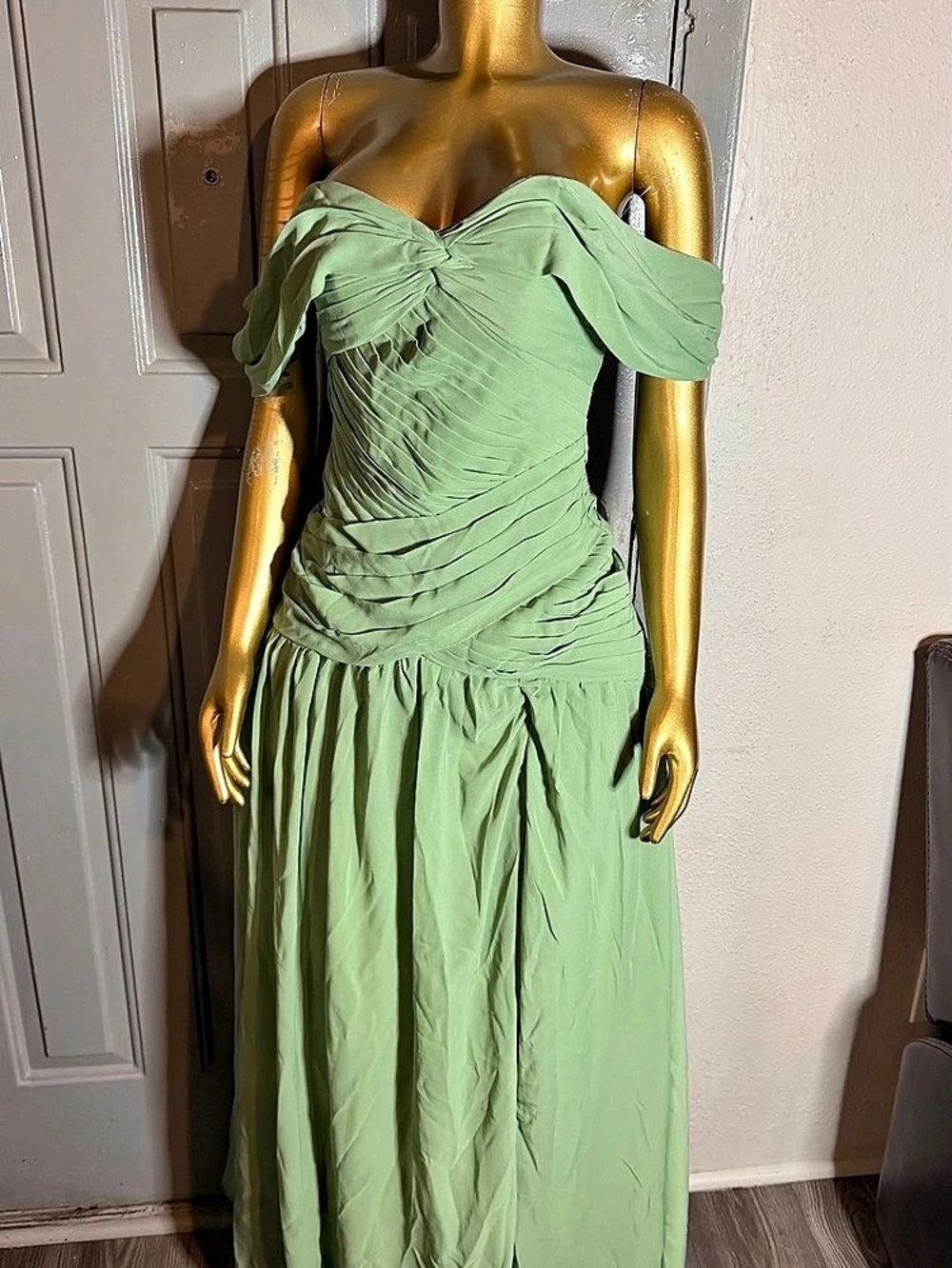 Ruched Off-Shoulder Maxi Dress in Green NWT